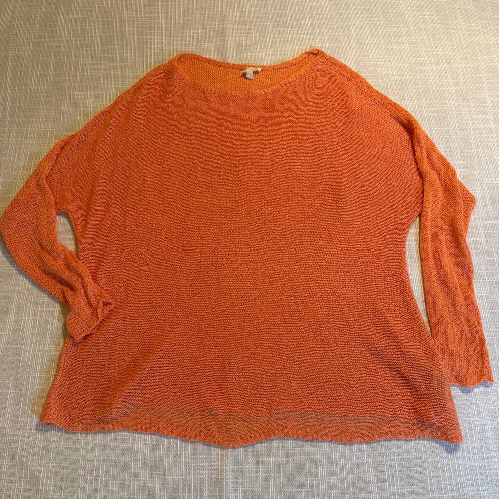 Eileen Fisher Orange Linen Blend Open Knit Boxy Sweater Womens Medium S5LMI